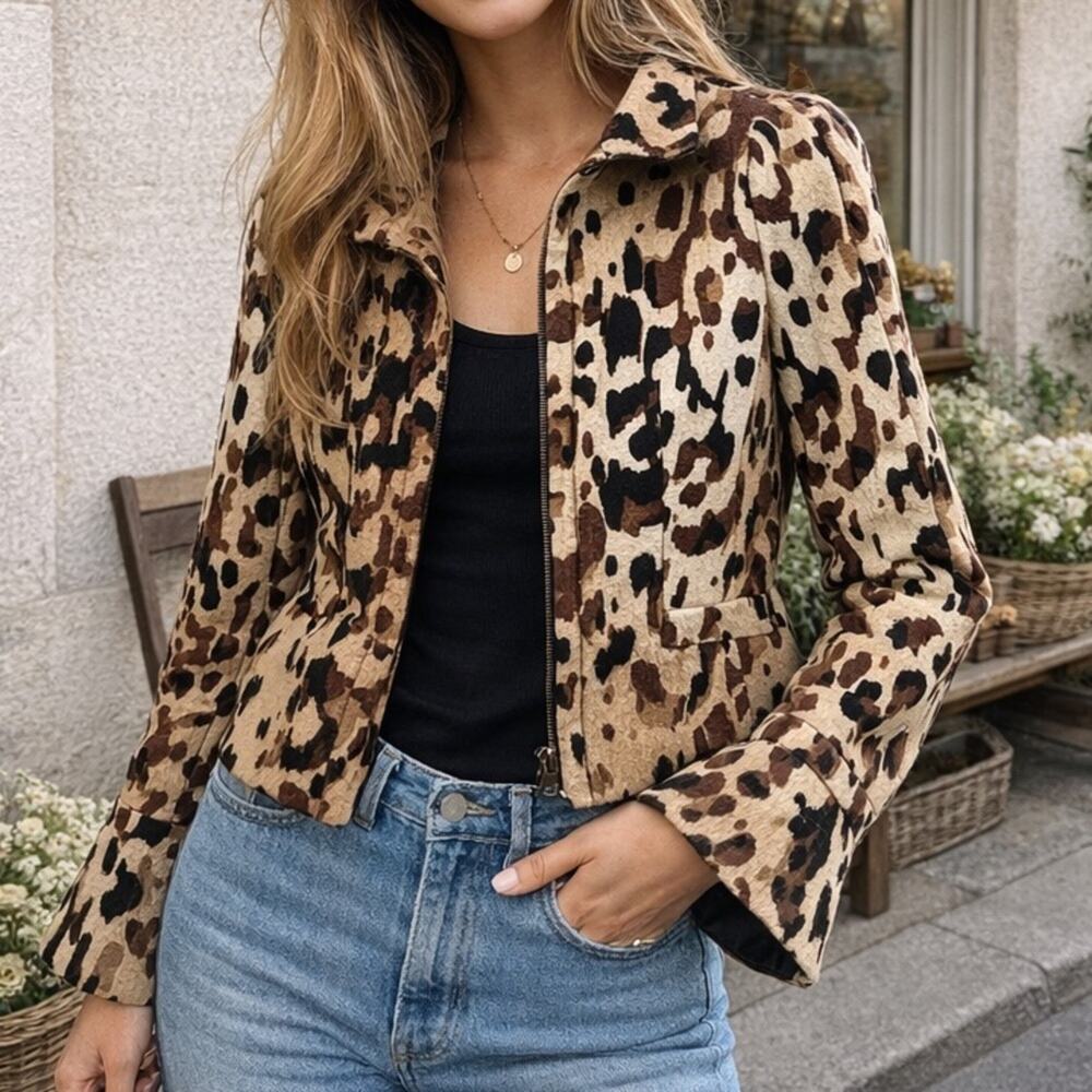 Escada Women’s Vintage Brown Wool Leopard Print Bell Sleeve Fitted Blazer Jacket